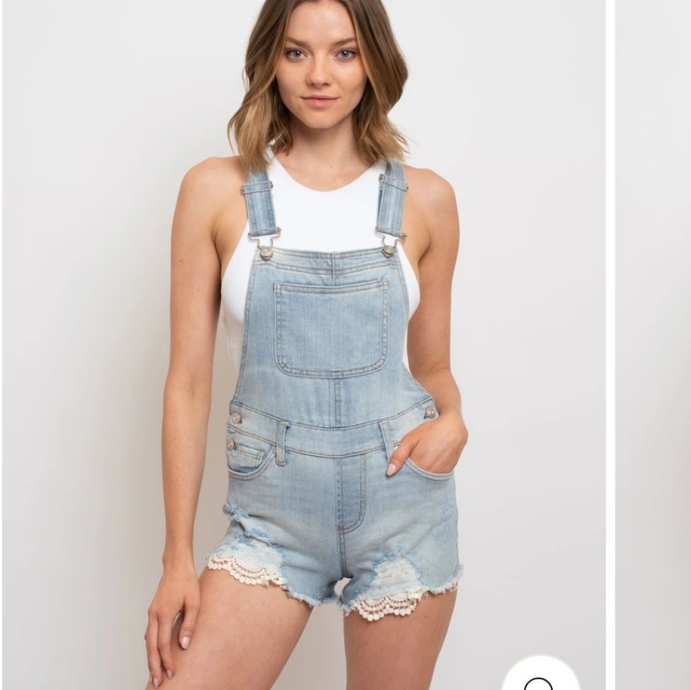 Womens distressed crochet detail overall.